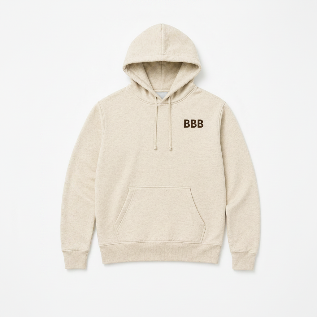 Oatmeal hoodie with 'BBB' logo on a white background
