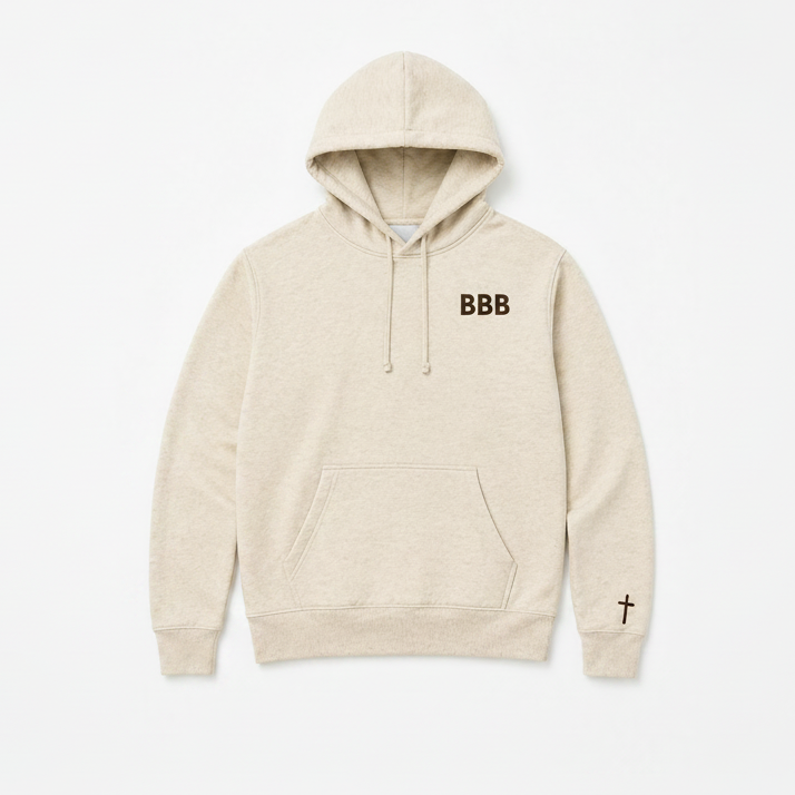 Oatmeal hoodie with 'BBB' logo on a white background