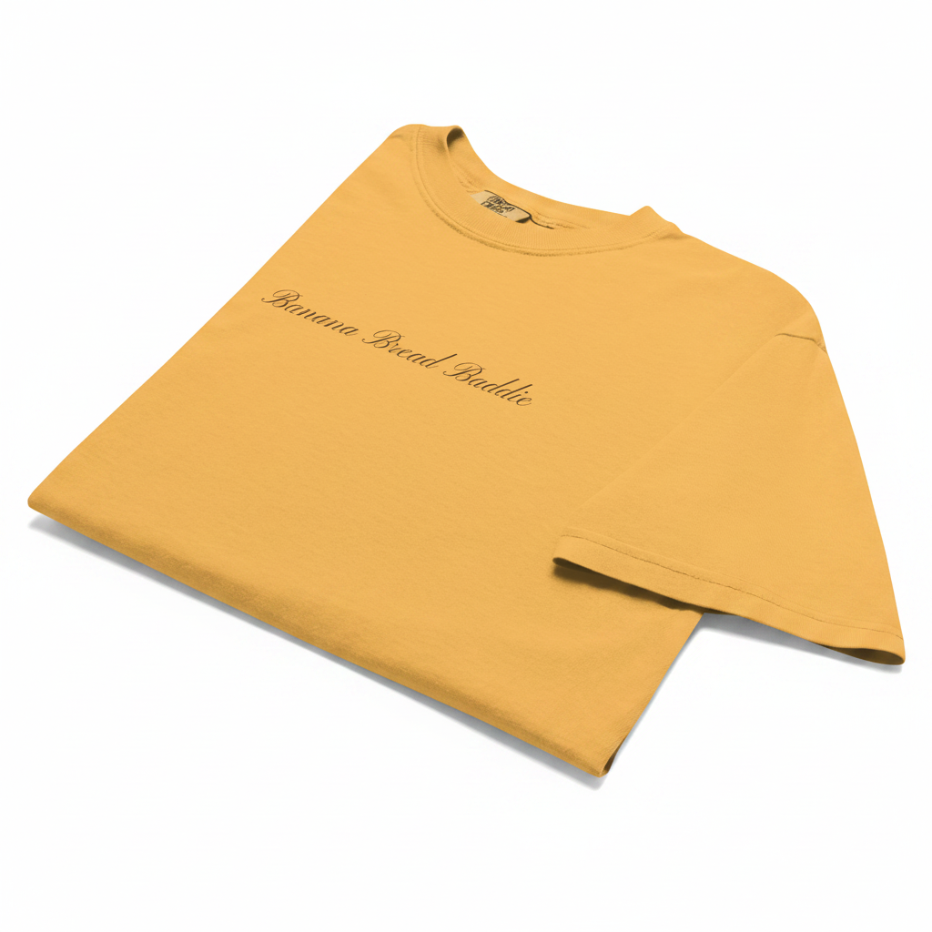 Yellow sweatshirt with  banana bread baddie across chest on a white background
