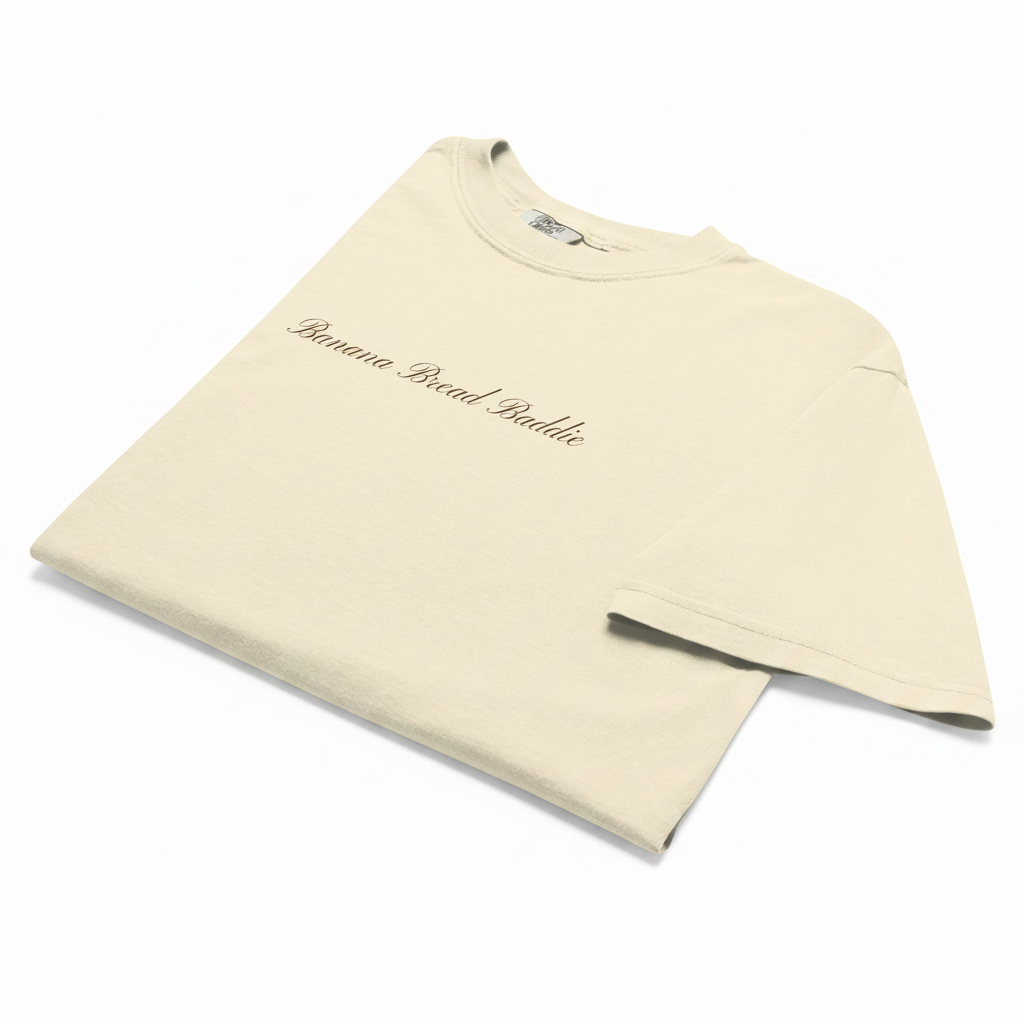 Ivory t-shirt with 'banana bread badddie' written in espresso across the chest