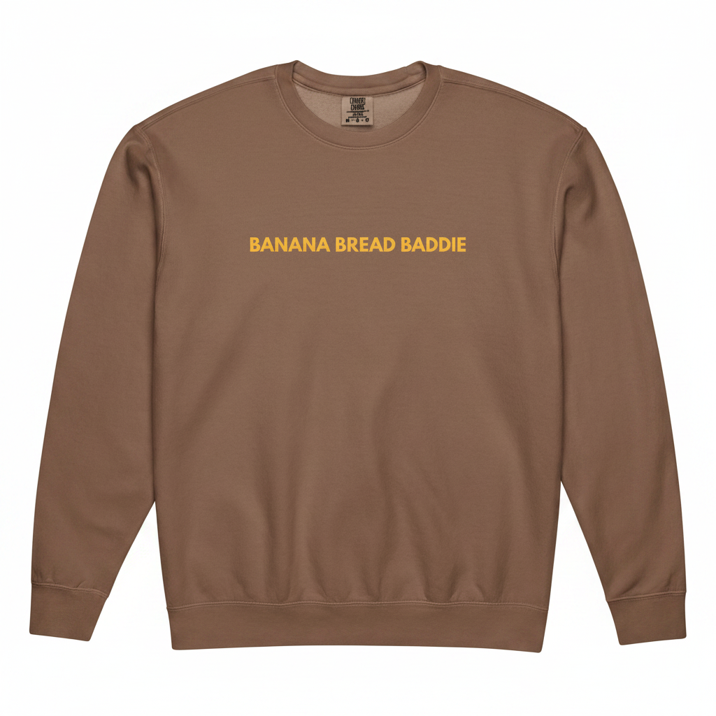 Espresso sweatshirt with 'Banana Bread Baddie' text on a white background